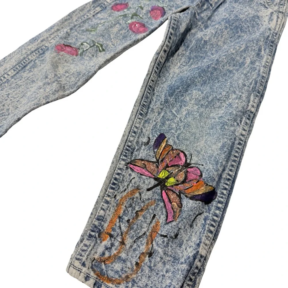 Vintage OshKosh Bgosh‎ Kids Size 5 Acid Wash Denim Overalls Hand Painted Floral